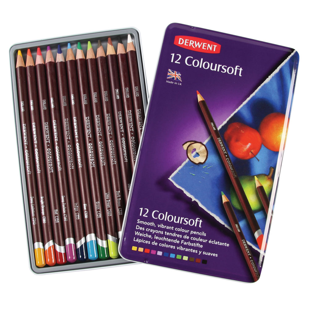 Derwent Colored Pencils,ColourSoft Pencils,Drawing,Art,Metal  Tin,12/24/36/72 color,round 4mm velvety soft core,highly blendable